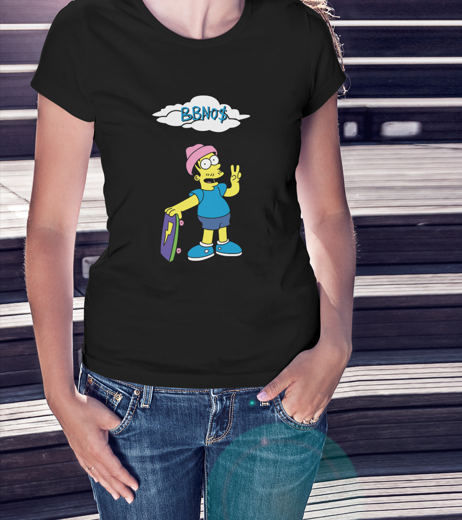 BBNO$ Cartoon Character With Skateboard And Peace Sign T-Shirt