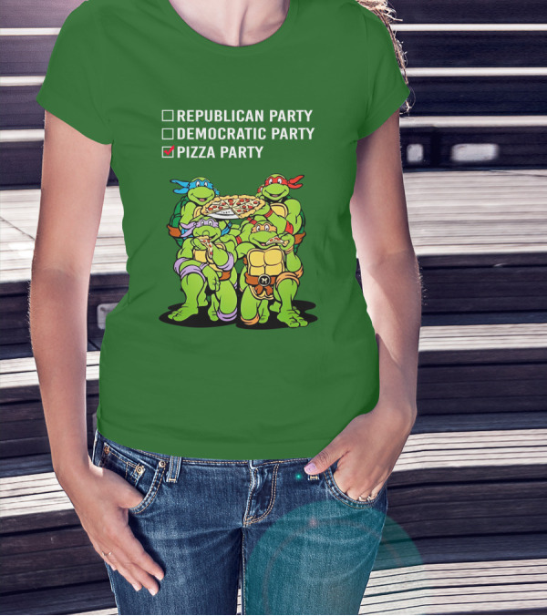 Pizza Party Checkmark With Four Ninja Turtles Carrying Pizza Under Republican Party Democratic Party Options T-Shirt