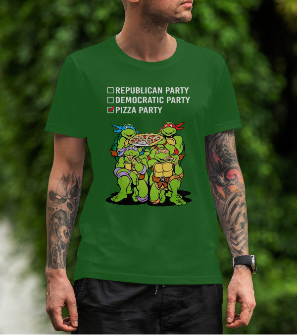Pizza Party Checkmark With Four Ninja Turtles Carrying Pizza Under Republican Party Democratic Party Options T-Shirt