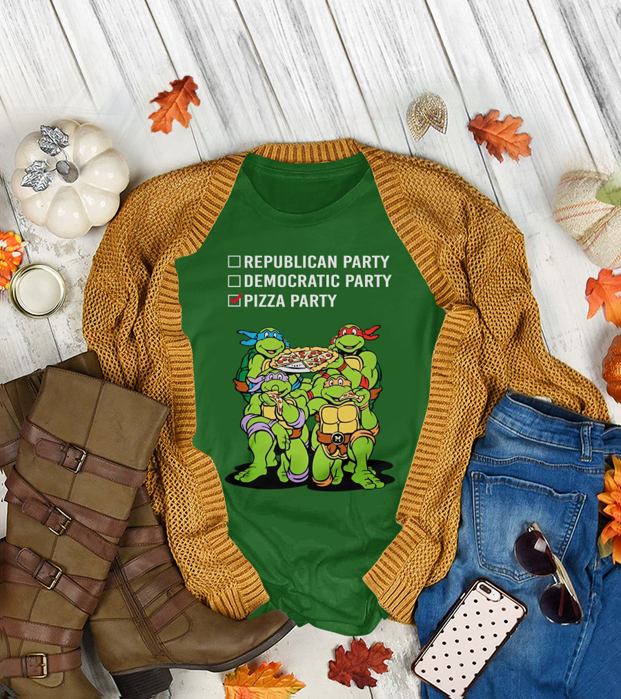 Pizza Party Checkmark with Four Ninja Turtles Carrying Pizza Under Republican Party Democratic Party Options T-Shirt