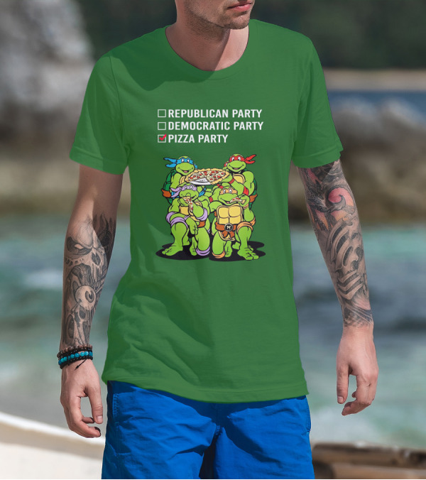Pizza Party Checkmark With Four Ninja Turtles Carrying Pizza Under Republican Party Democratic Party Options T-Shirt