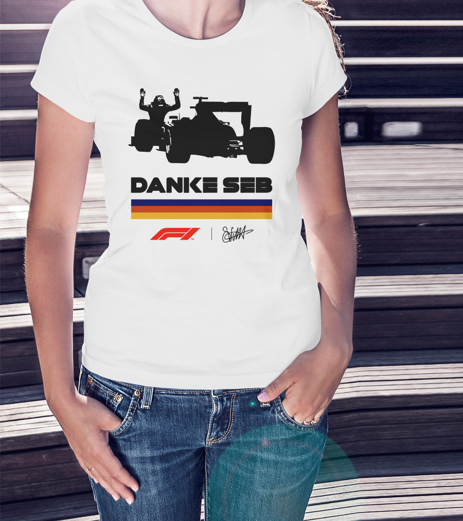 Formula 1 Danke Seb Vettel Silhouette With F1 Logo And Signature T-Shirt