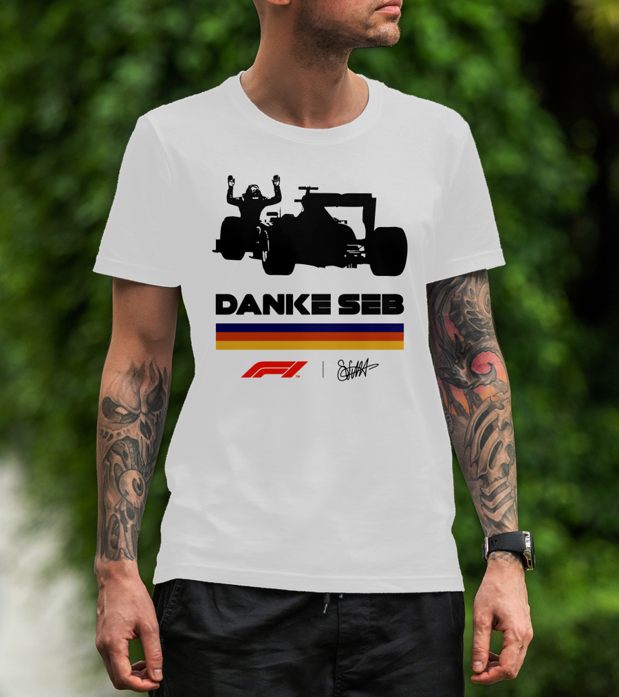 Formula 1 Danke Seb Vettel Silhouette With F1 Logo And Signature T-Shirt