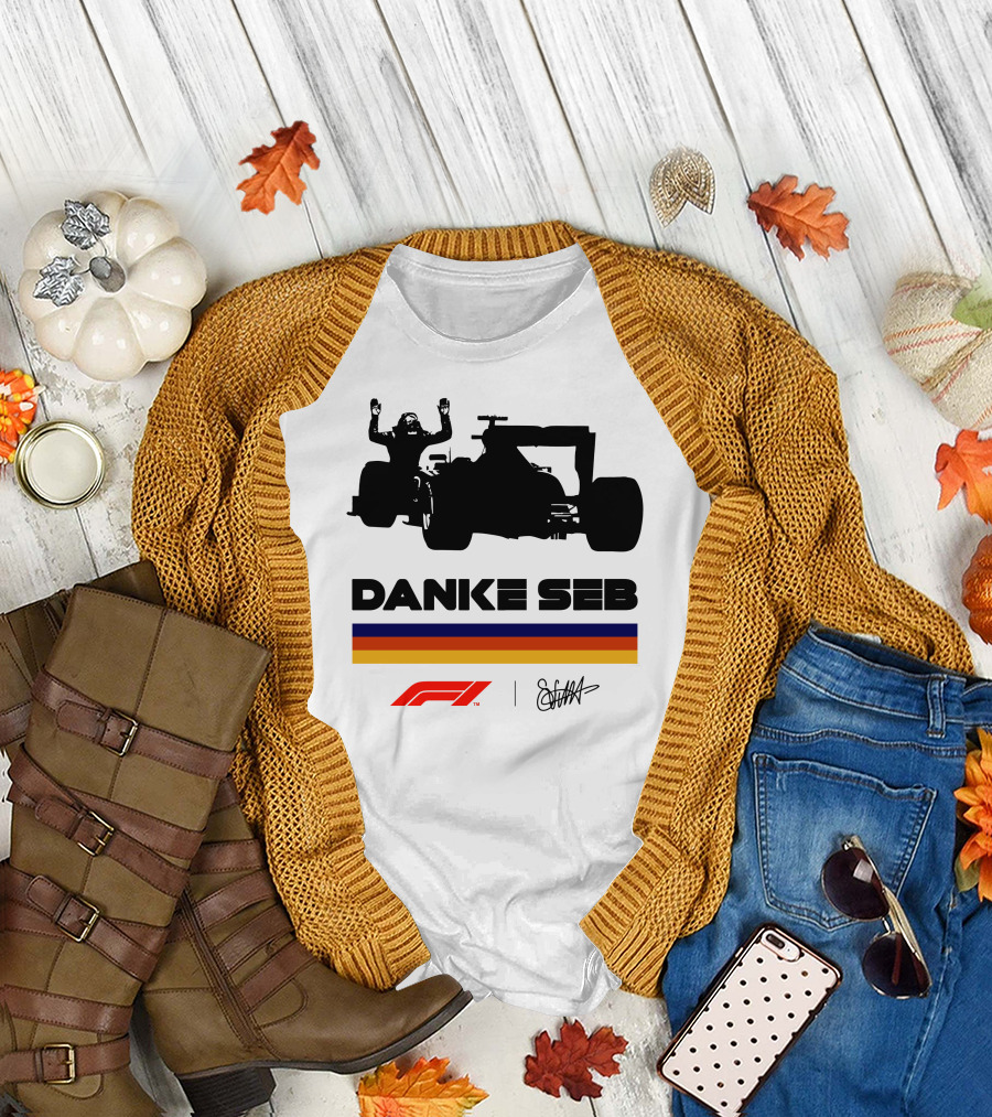 Formula 1 Danke Seb Vettel Silhouette With F1 Logo And Signature T-Shirt