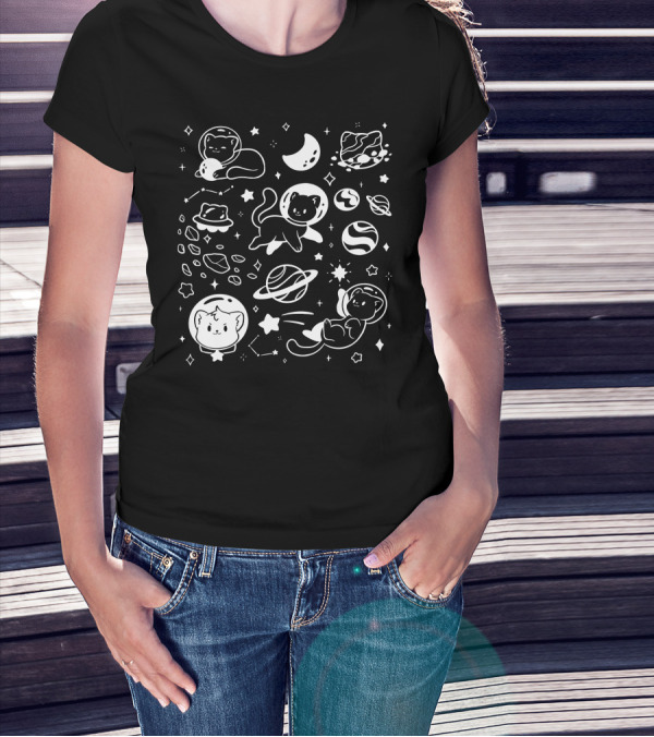 Helloapparel Space Cat Astronauts With Planets And Stars T-Shirt