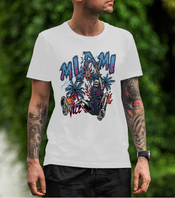 Sana Detroit Vice Miami Basketball Skeleton Dunking With Palm Trees And Flames T-Shirt
