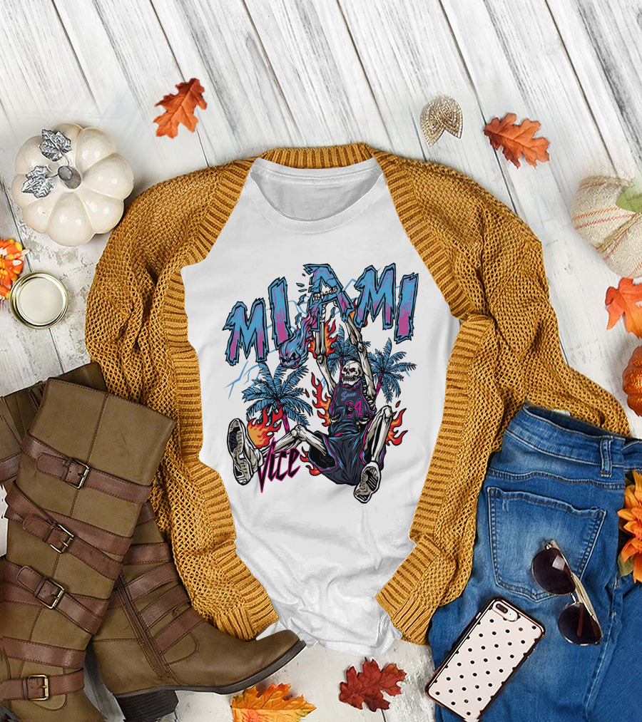 Sana Detroit Vice Miami Basketball Skeleton Dunking with Palm Trees and Flames T-Shirt