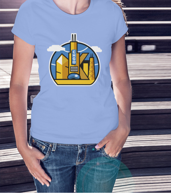 CHGO Skyline Blue Skies Sports Icon With Landmarks T-Shirt
