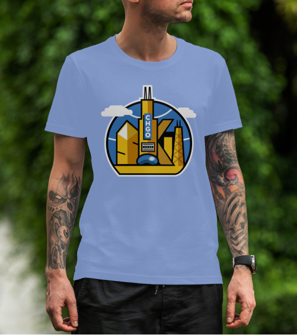 CHGO Skyline Blue Skies Sports Icon With Landmarks T-Shirt