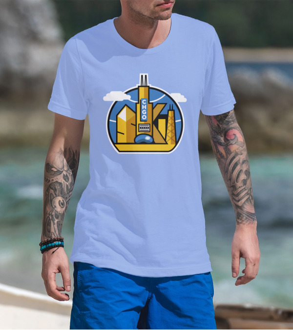 CHGO Skyline Blue Skies Sports Icon With Landmarks T-Shirt
