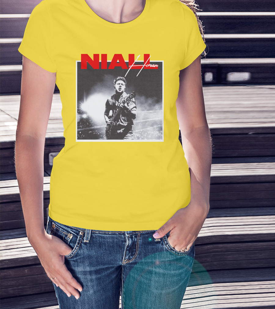 Niall Horan Live Performance Black And White Stage Photo With Red Name Highlight T-Shirt