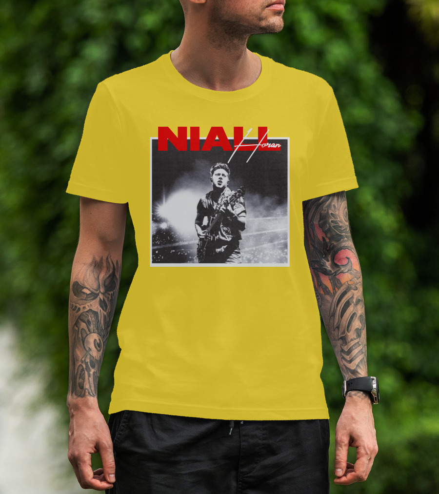 Niall Horan Live Performance Black And White Stage Photo With Red Name Highlight T-Shirt