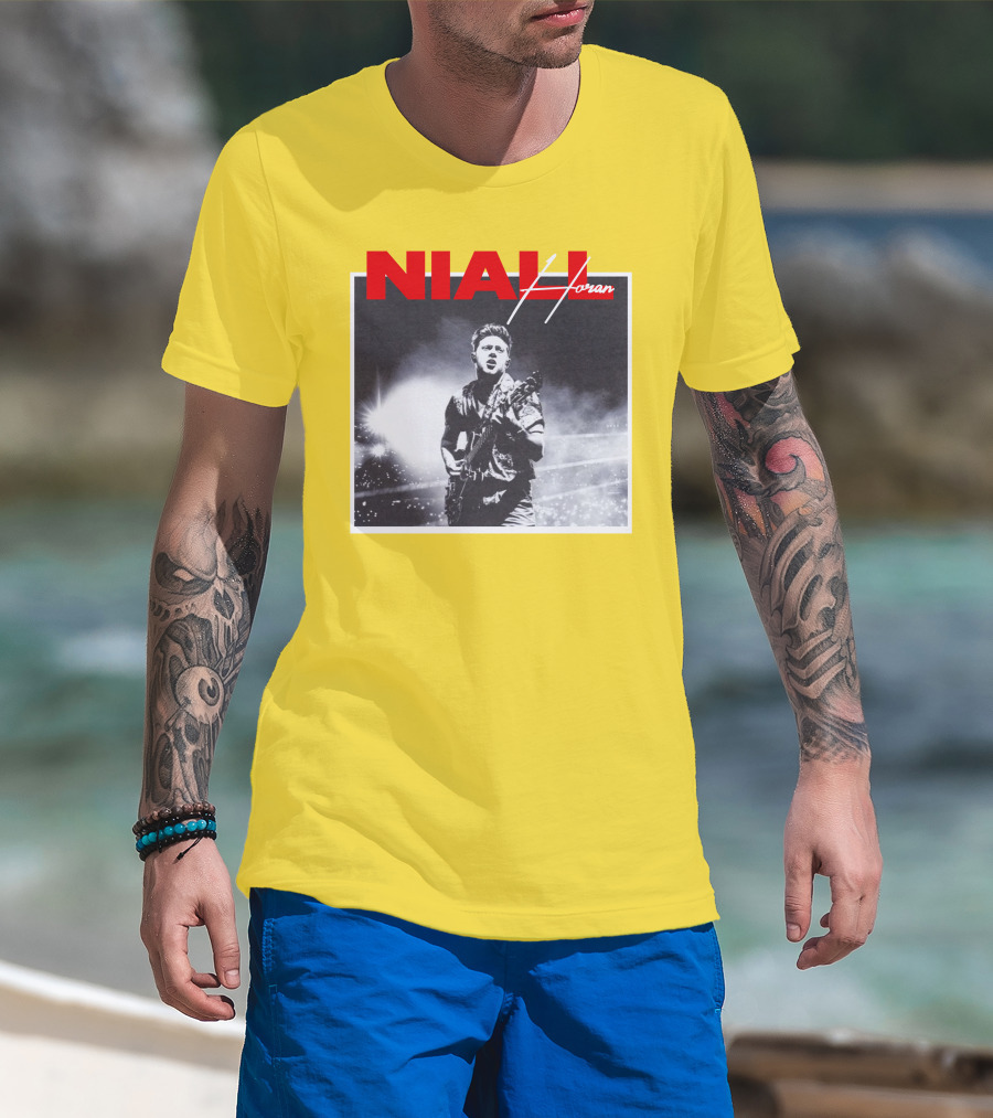 Niall Horan Live Performance Black And White Stage Photo With Red Name Highlight T-Shirt