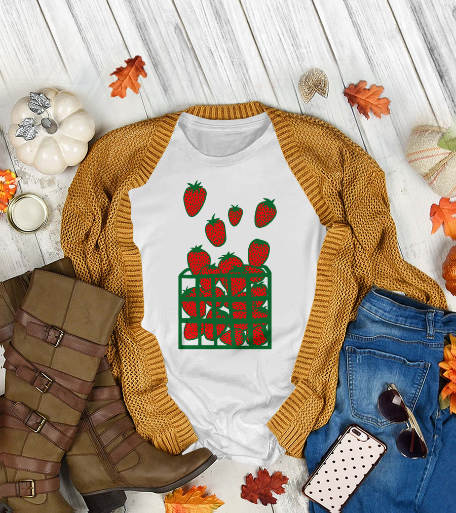 Strawberry Basket with Falling Strawberries Screen Print T-Shirt