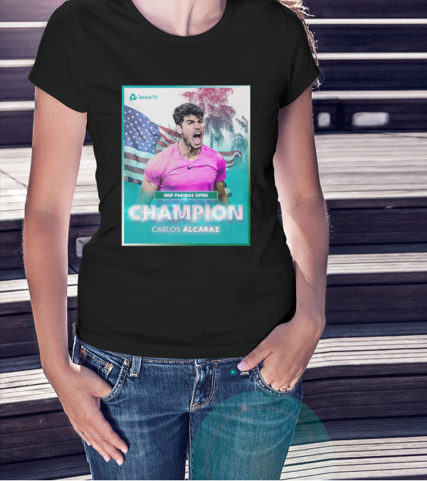 TennisTV BNP Paribas Open Champion Carlos Alcaraz American Flag Background T-Shirt