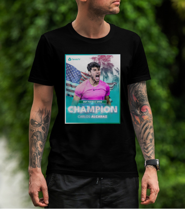 TennisTV BNP Paribas Open Champion Carlos Alcaraz American Flag Background T-Shirt