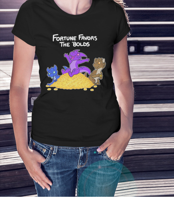 Kobold Fortune Favors The Bold Colorful Cartoon Creatures On Gold Coins T-Shirt