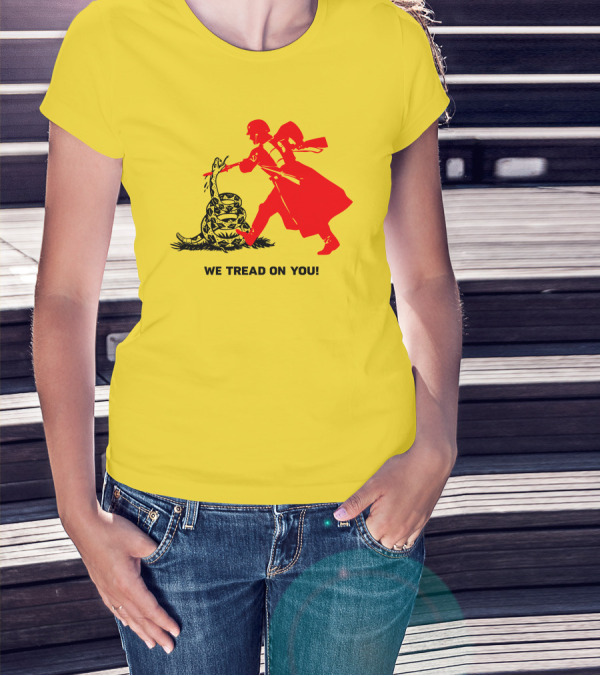 We Tread On You Revolutionary Soldier And Snake Yellow Background T-Shirt