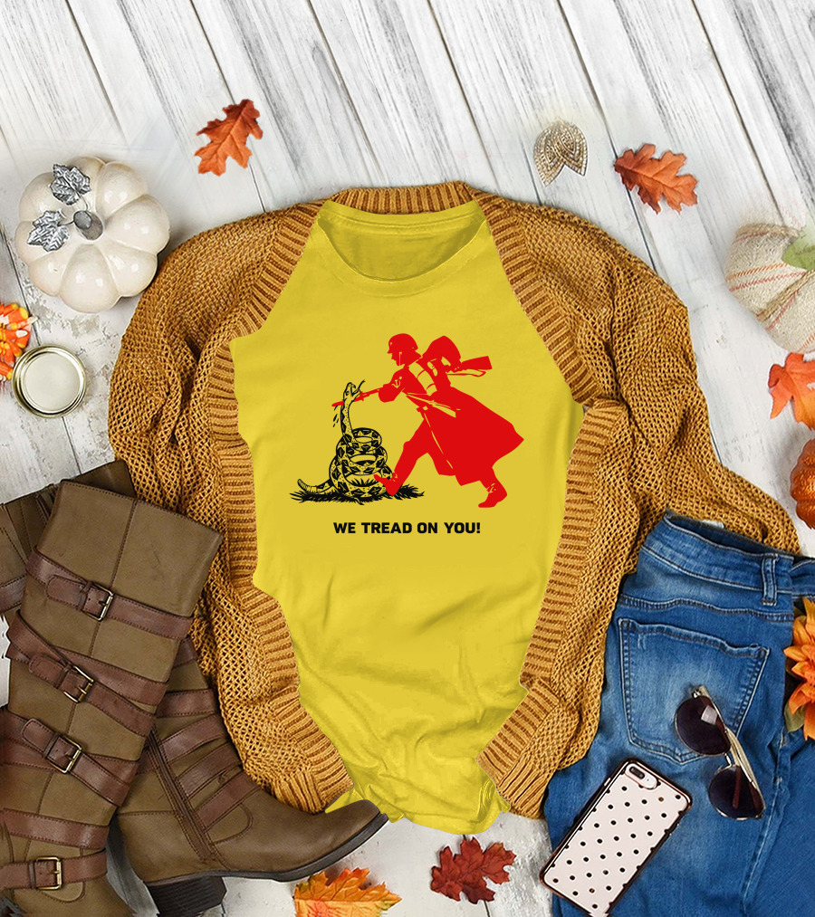 We Tread On You Revolutionary Soldier and Snake Yellow Background T-Shirt