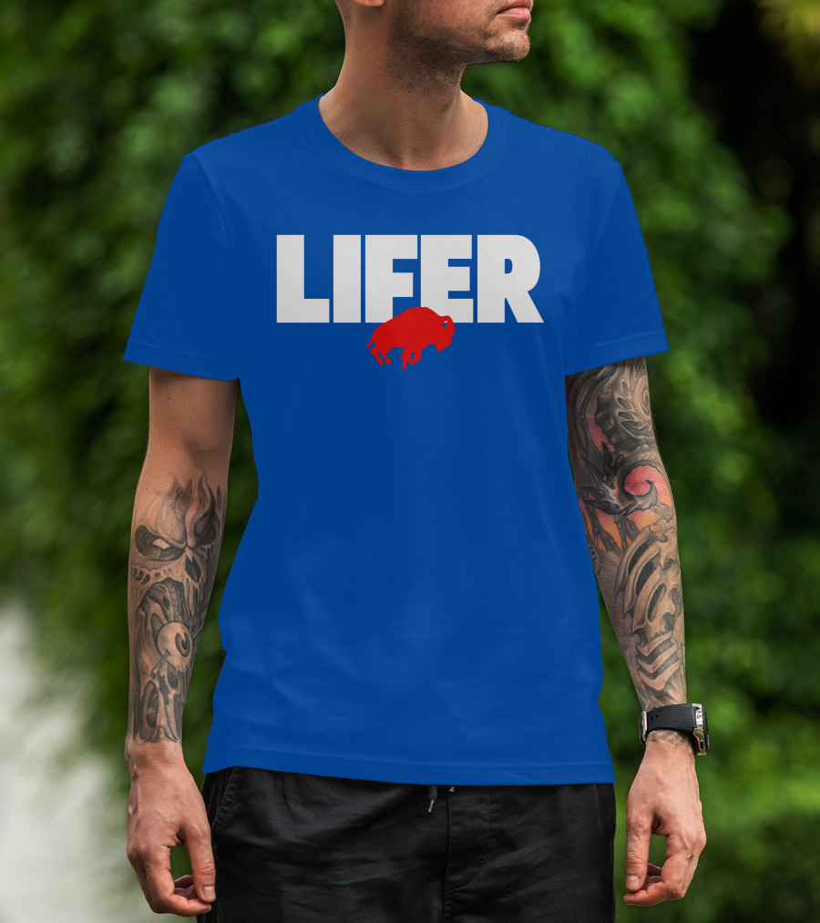 Lifer Buffalo Silhouette Blue Background T-Shirt