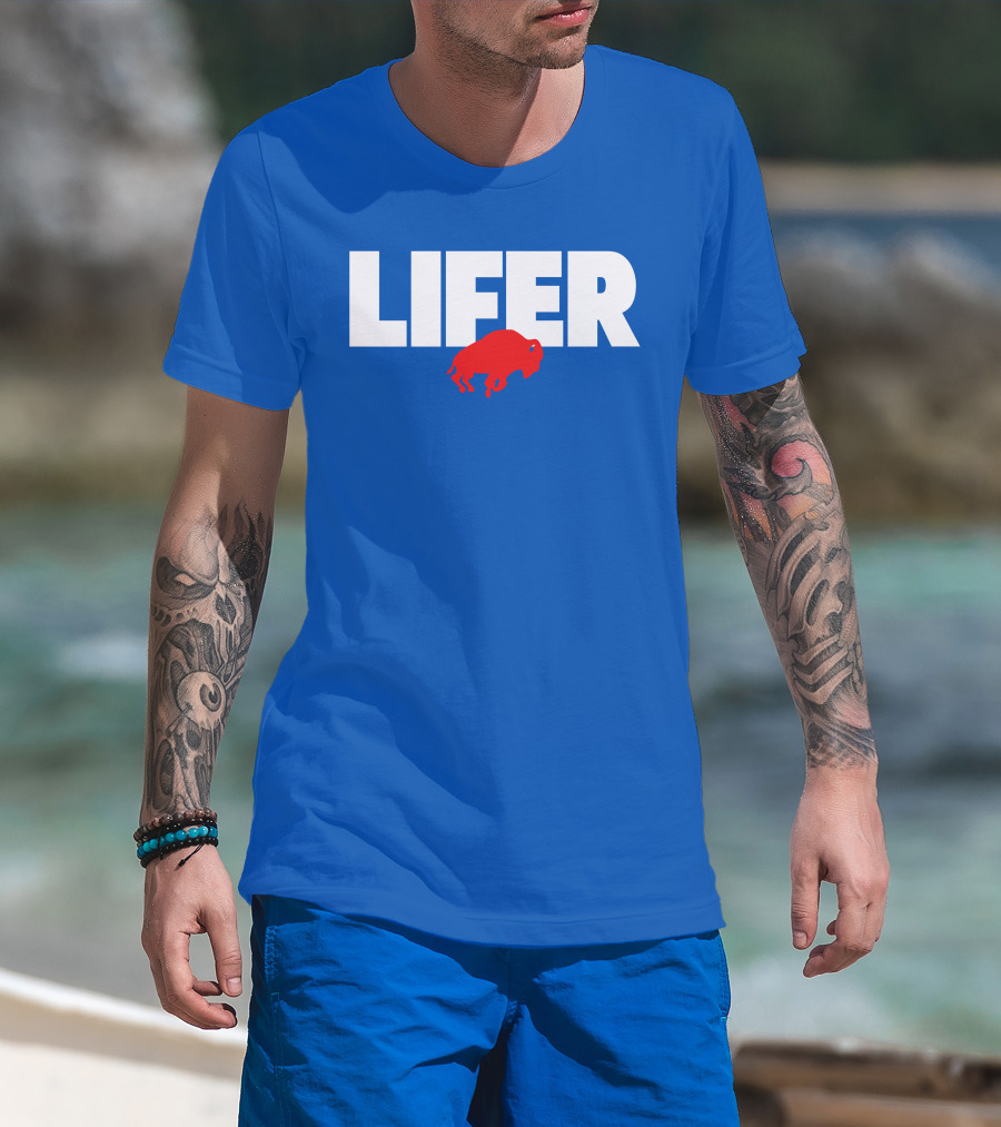 Lifer Buffalo Silhouette Blue Background T-Shirt