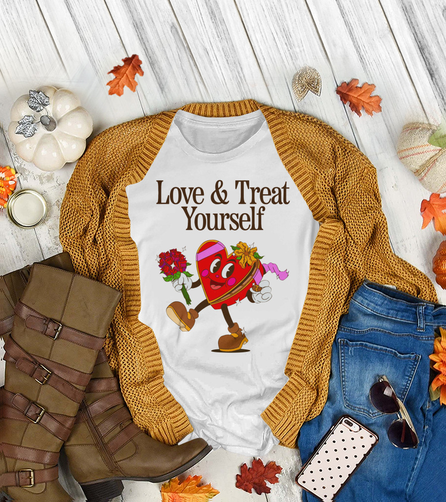 Love and Treat Yourself Heart Character with Flowers and Bow Tie T-Shirt