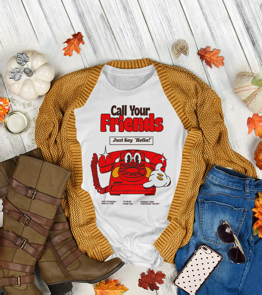 Call Your Friends Just Say Hello Retro Cartoon Telephone Message T-Shirt
