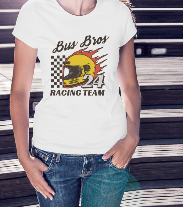Bus Bros 24 Racing Team Helmet Flames Checkered Flag T-Shirt