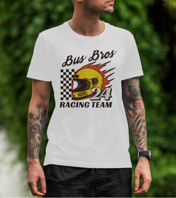 Bus Bros 24 Racing Team Helmet Flames Checkered Flag T-Shirt