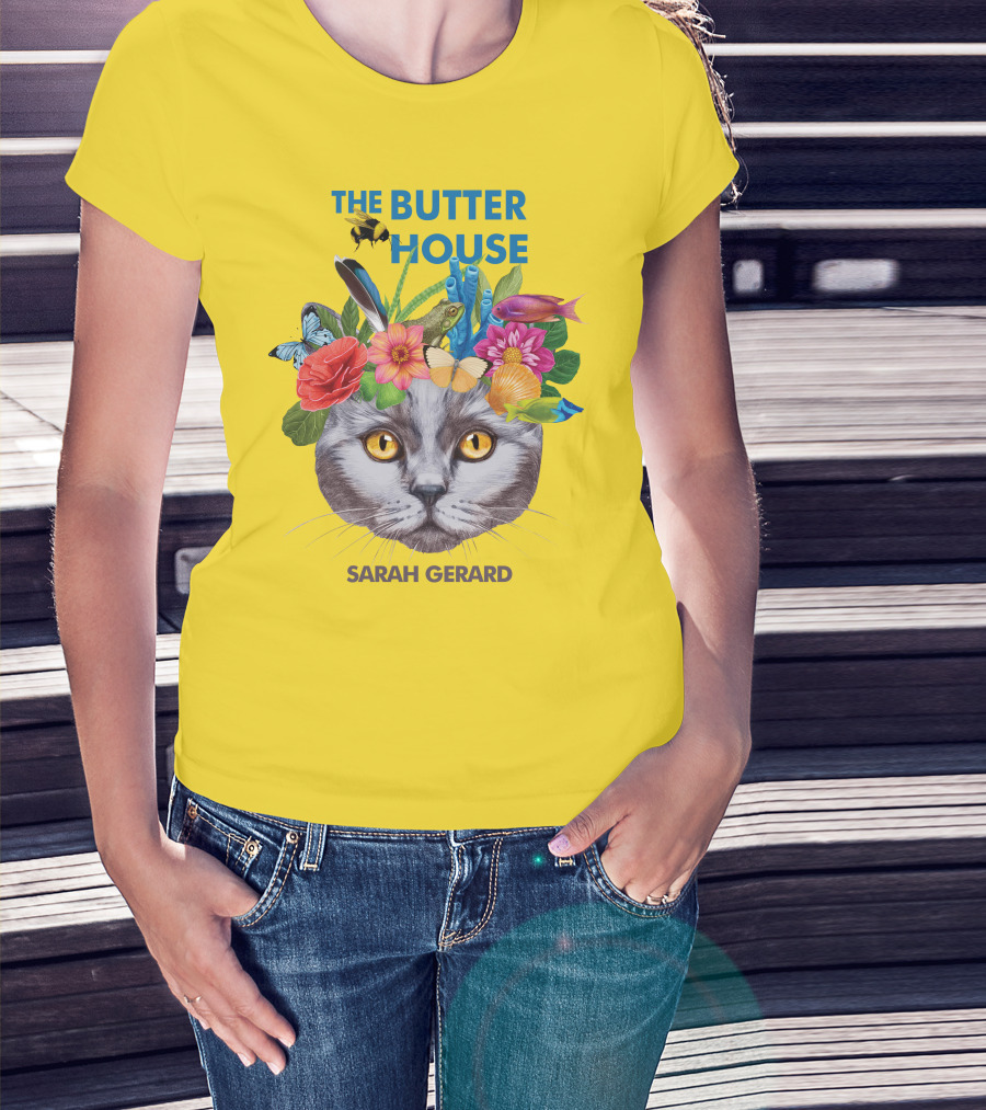 The Butter House Sarah Gerard Floral Cat With Butterflies And Fish On Yellow T-Shirt
