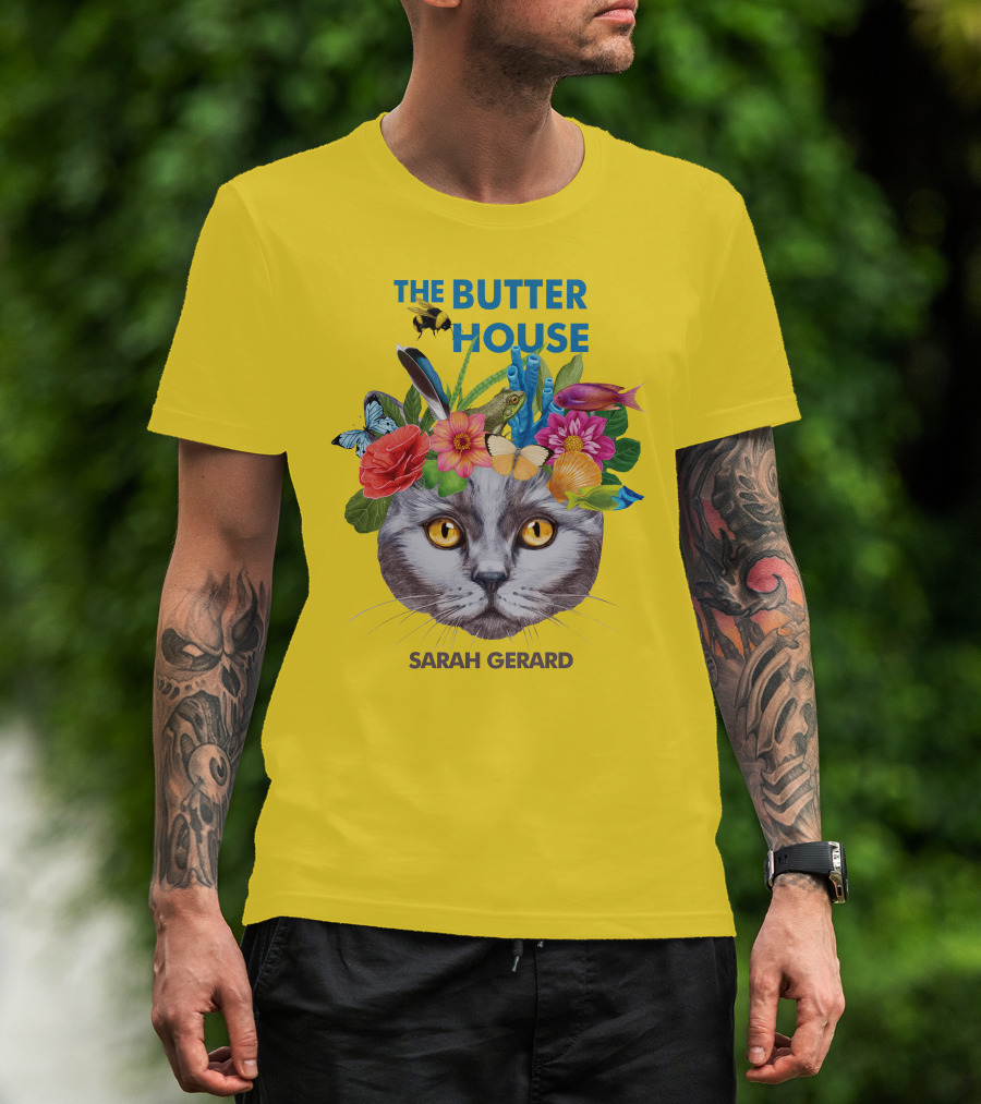 The Butter House Sarah Gerard Floral Cat With Butterflies And Fish On Yellow T-Shirt