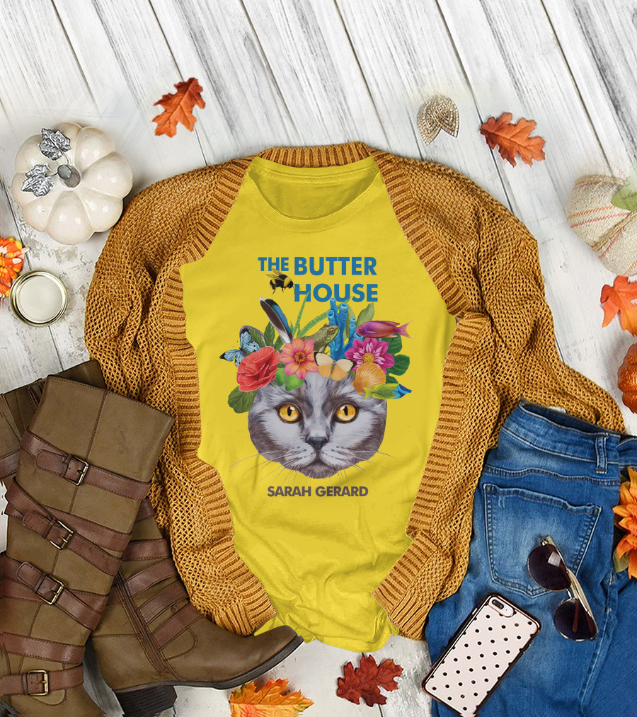 The Butter House Sarah Gerard Floral Cat with Butterflies and Fish on Yellow T-Shirt