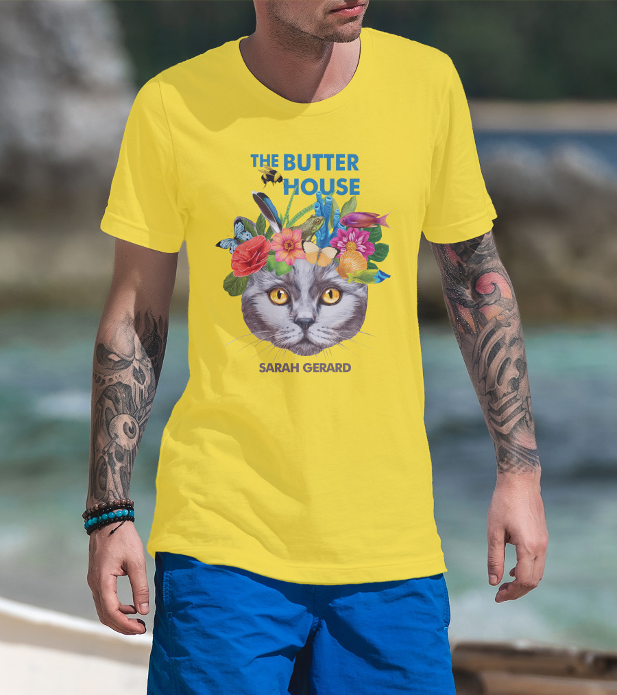 The Butter House Sarah Gerard Floral Cat With Butterflies And Fish On Yellow T-Shirt