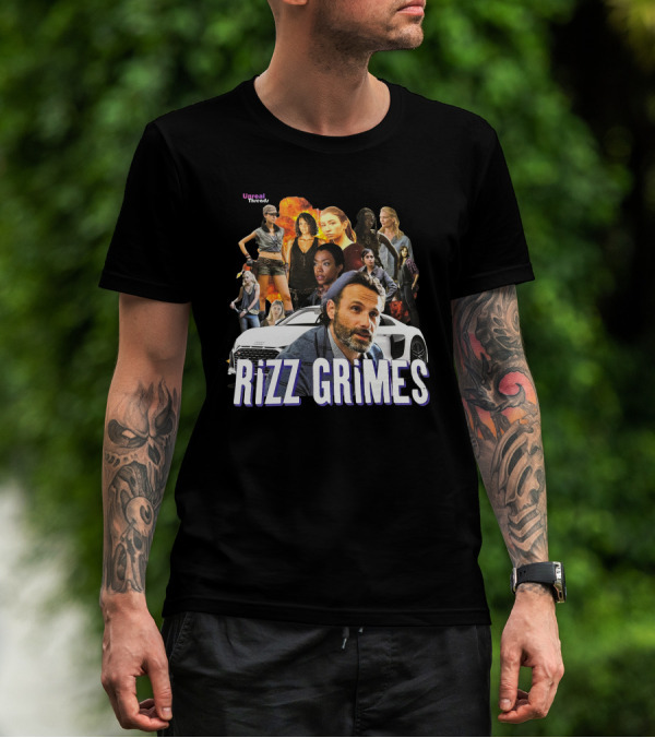 Unreal Threads Rizz Grimes Walking Dead Character Collage With Car And Flames T-Shirt