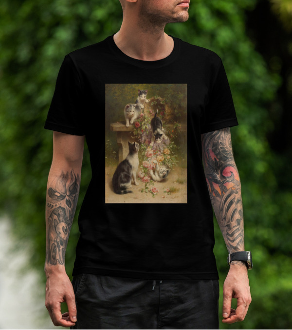 Cats And Flowers Playing On A Bench By Carl Reichert T-Shirt