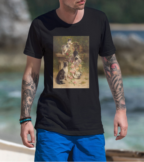 Cats And Flowers Playing On A Bench By Carl Reichert T-Shirt
