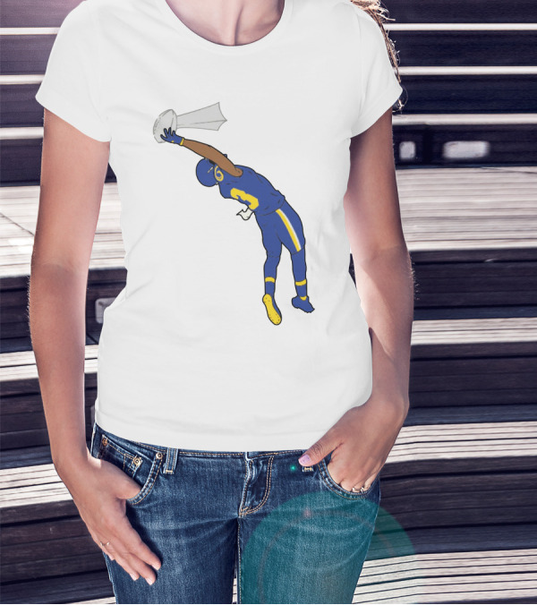 Trophy Catch Obj One-Handed Football Player Blue And Yellow Uniform T-Shirt
