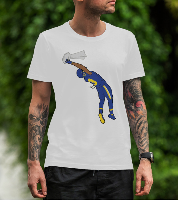 Trophy Catch Obj One-Handed Football Player Blue And Yellow Uniform T-Shirt