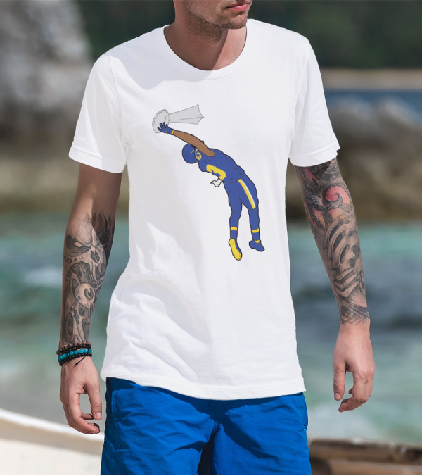 Trophy Catch Obj One-Handed Football Player Blue And Yellow Uniform T-Shirt