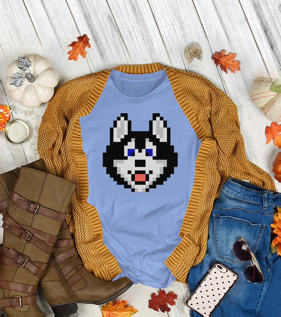 Huskytoken Cat Pixelated Husky Face on Light Blue T-Shirt