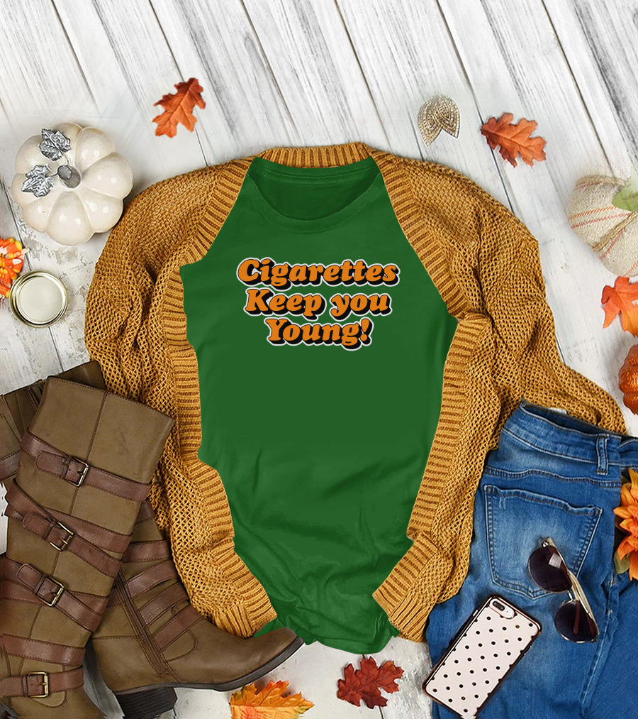 Cigarettes Keep You Young Retro Style Bold Orange Text on Green T-Shirt