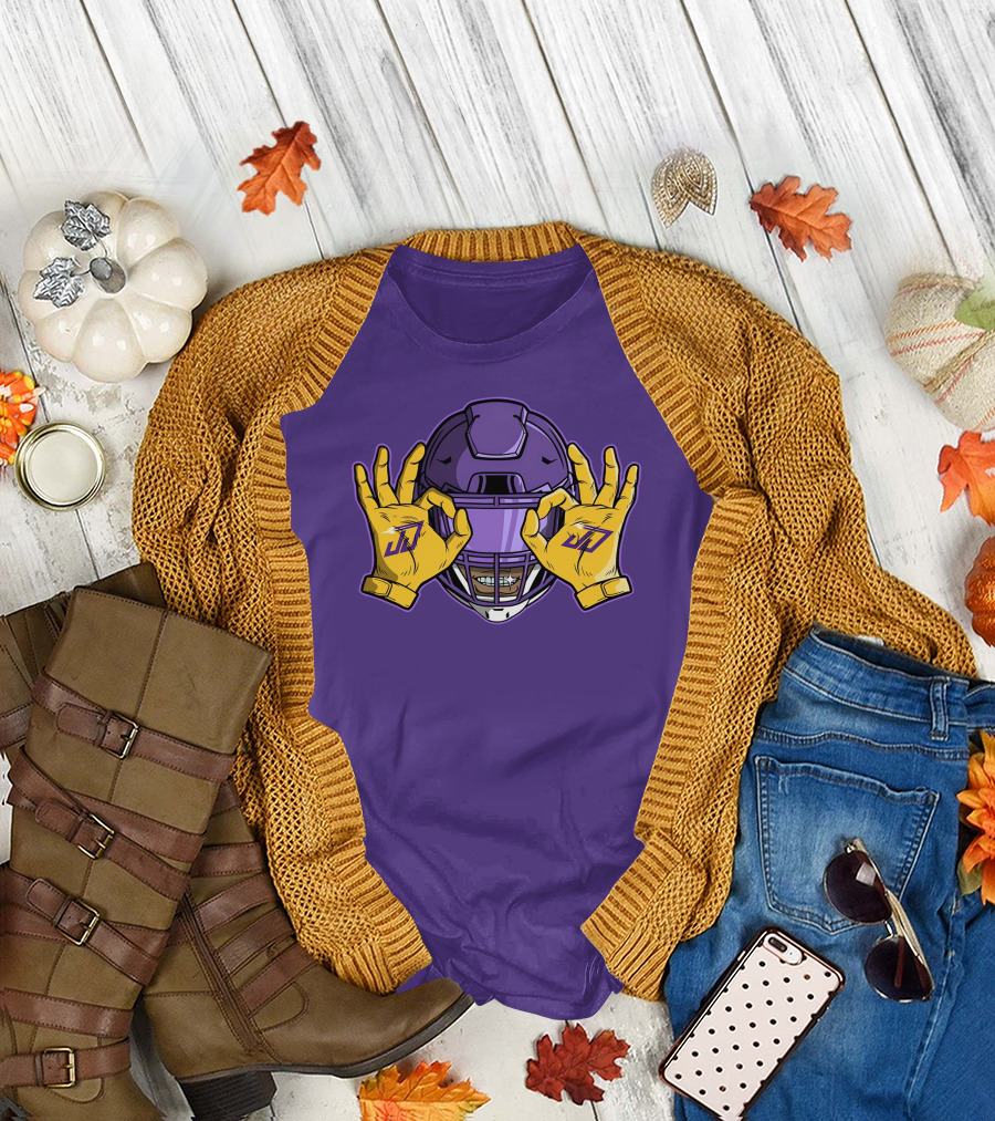 Kevin O’Connell Justin Jefferson Griddy JJ Celebration Viking Helmet Purple Yellow Hands T-Shirt