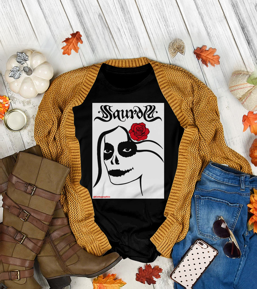 Saurom Cathygraphics Skull Face with Red Rose T-Shirt
