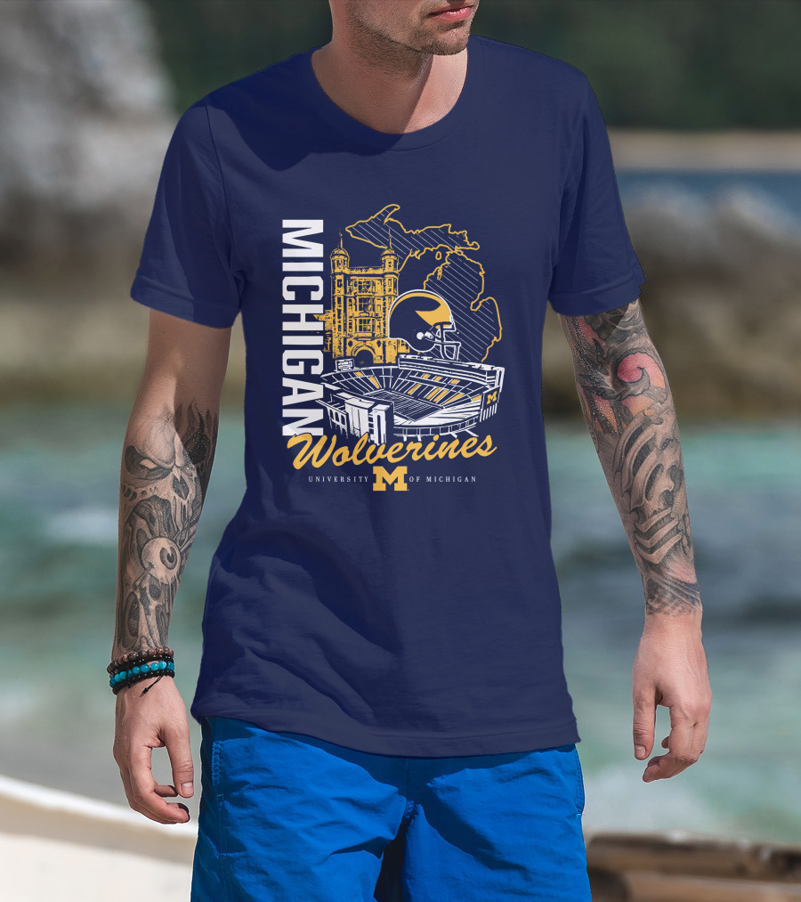 Michigan Wolverines University Of Michigan Stadium Map Helmet T-Shirt