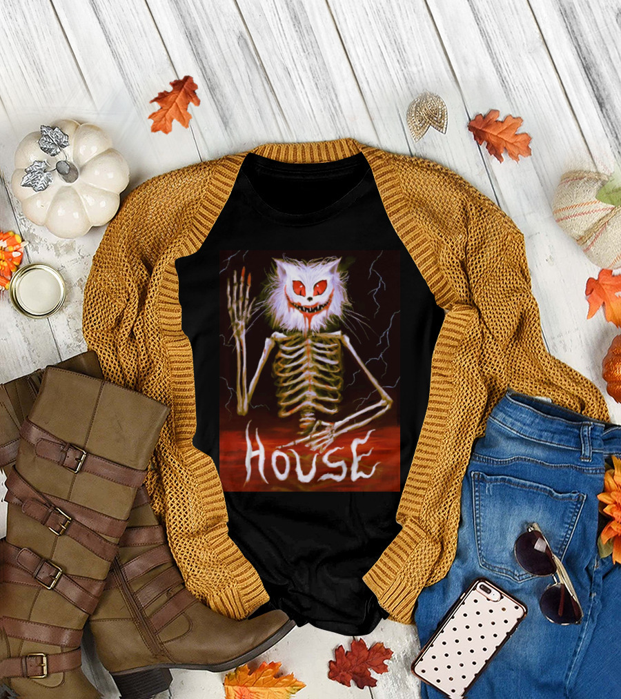 House Skeleton Cat Spirit with Lightning T-Shirt