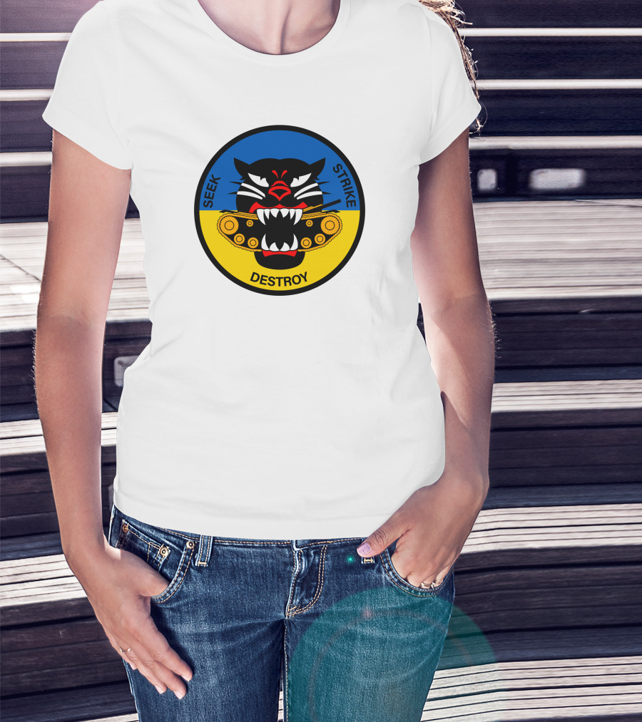 Seek Strike Destroy Panther Emblem With Tank Tracks T-Shirt