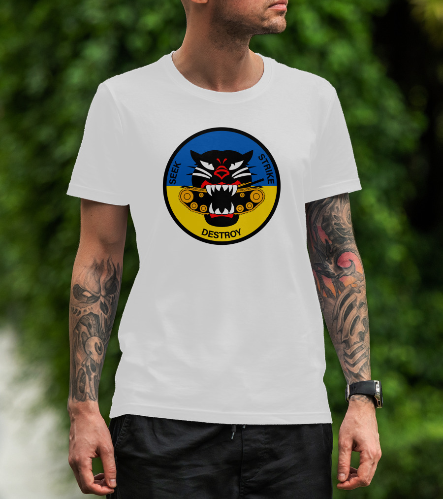 Seek Strike Destroy Panther Emblem With Tank Tracks T-Shirt
