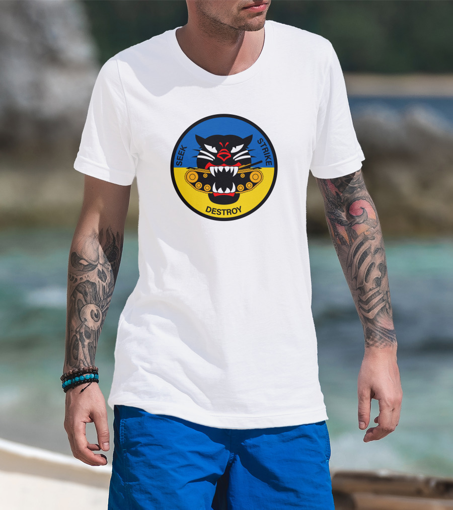 Seek Strike Destroy Panther Emblem With Tank Tracks T-Shirt