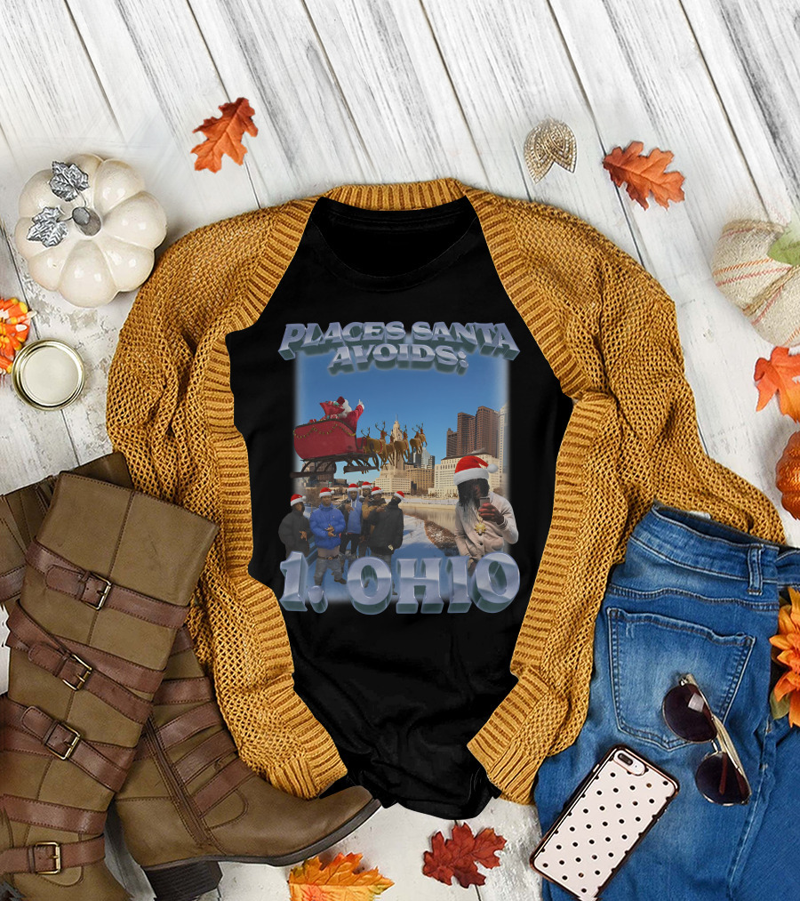 Places Santa Avoids 1 Ohio Santa's Sleigh Reindeer Columbus Skyline T-Shirt
