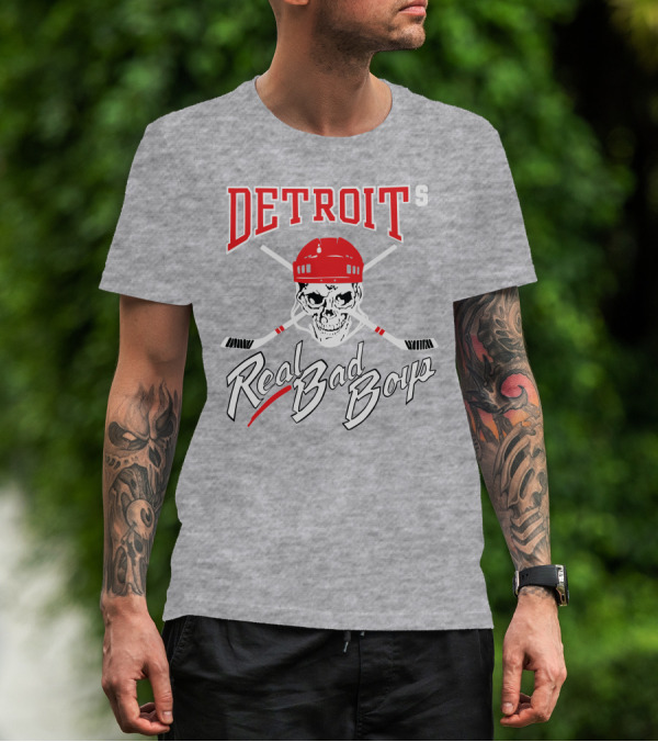 Detroit Real Bad Boys Skull With Hockey Helmet And Crossed Sticks T-Shirt